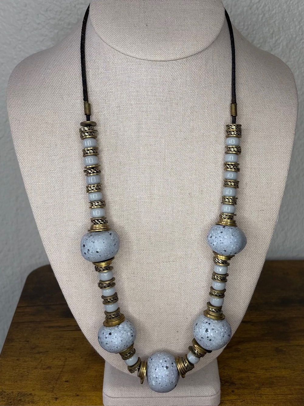 Vintage 90s Artisan Speckled Ceramic Bead Statement Necklace With Brass Accent